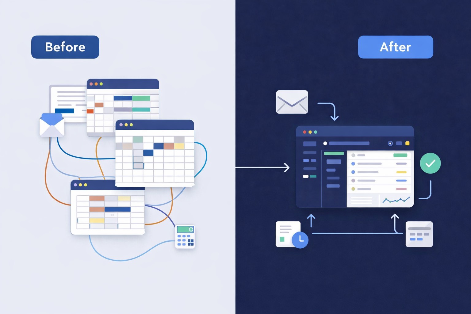 Before and after workflow optimisation visual showing a shift from disconnected tools to one unified dashboard.